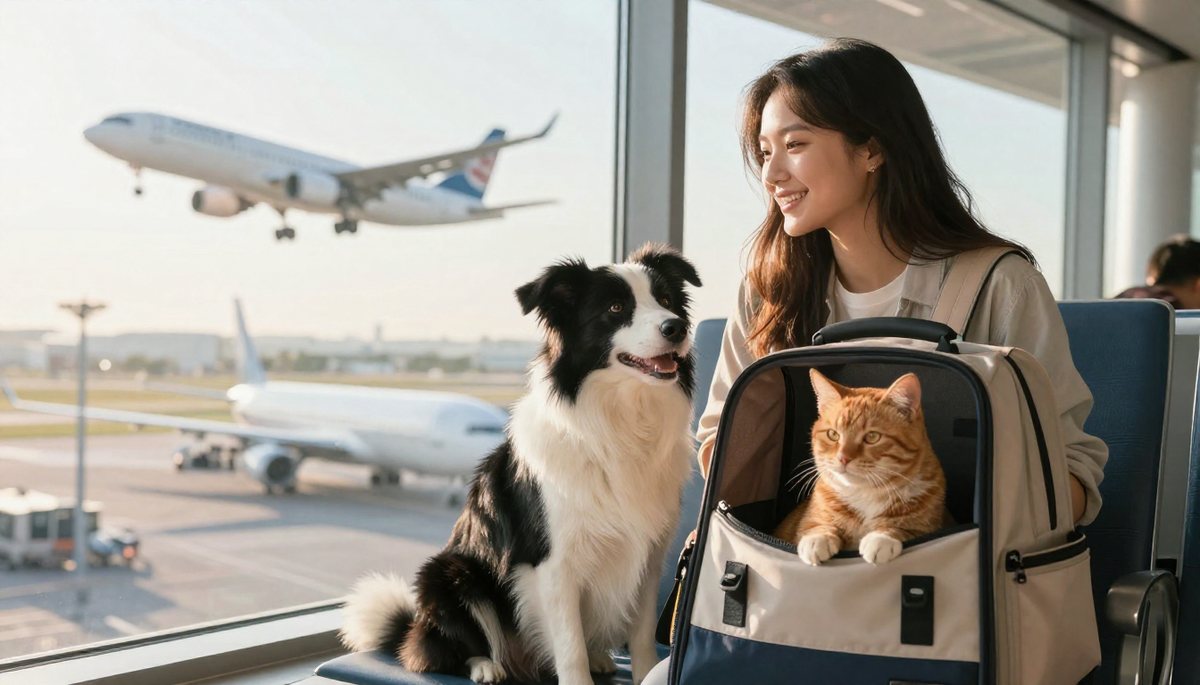 AI-generated illustration: a woman with a border collie and a ginger cat ready to fly at a sunny airport