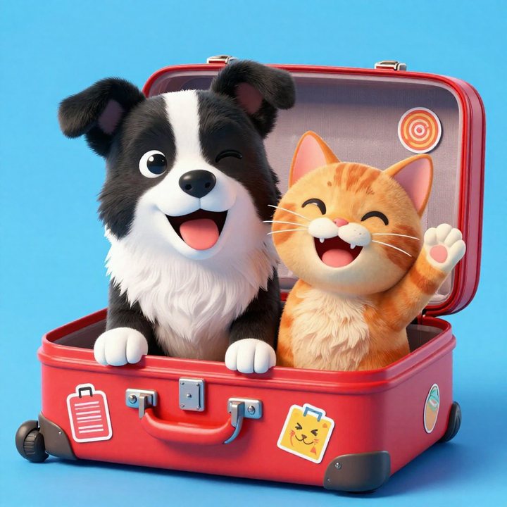 Jet the border collie and Lag the ginger cat in a red suitcase